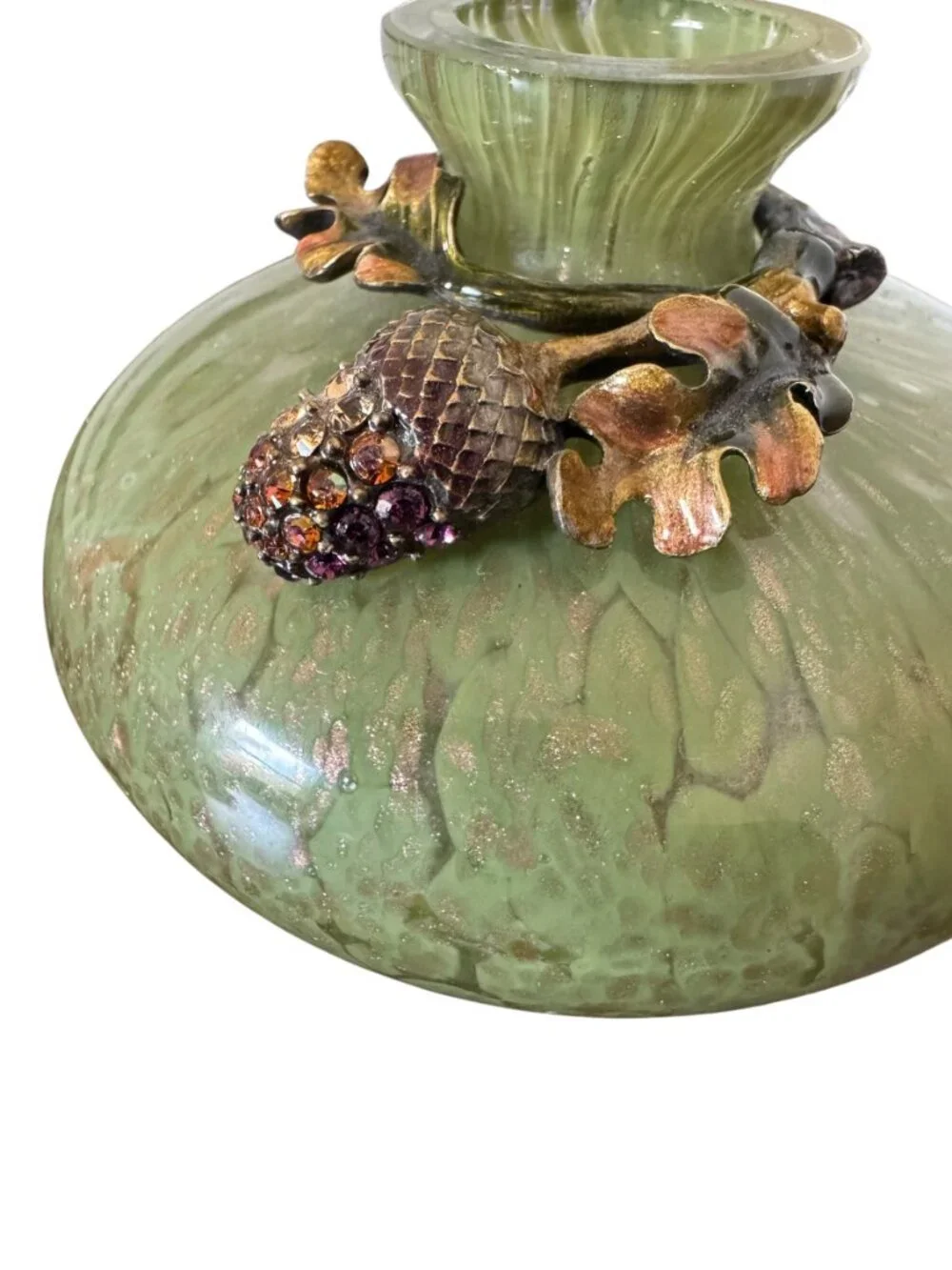 Vintage Jay Strongwater Swarovski Enamel Hand Blown Green/Gold Glass Acorn Vase
